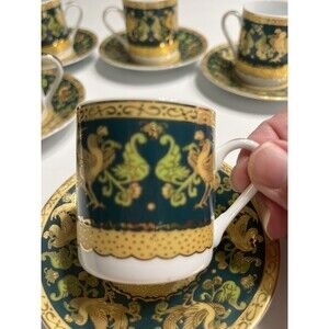 Italy Design Heavy Gold & Green Chicken Rooster Floral Demitasse Cup Saucer 10pc